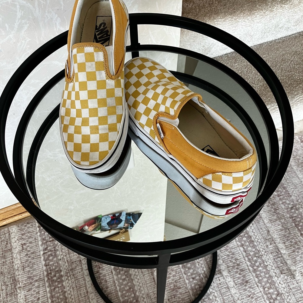 Vans Gold and White Checkered Slip-on Shoes Men 7.5 Women 9 - Great condition!